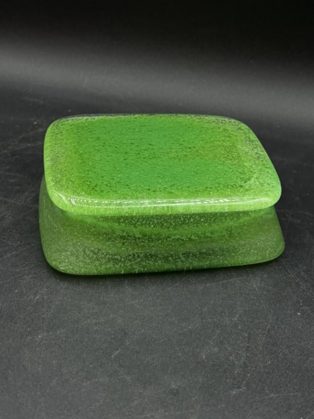 Covered Trinket Box Green Heavy Glass Bubbles Vintage